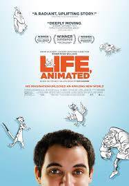"Life, Animated" documentary image featuring the head of a person at the bottom with black and white drawings swirling around about their head.